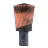 ELIZABETH RAEBURN (born 1943); a raku spade vase, incised diagonal lines through mottled pink glaze,