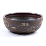 MICHAEL CASSON (1925-2003); a large stoneware bowl with incised landscape decoration,