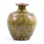 JIM MALONE (born 1946); a stoneware bottle with flattened sides covered in green ash glaze,