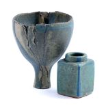 SHEILA FOURNIER (1930-2001); a pierced footed cup with double rim, turquoise and grey glaze,