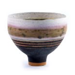 ROBIN WELCH (born 1936); a stoneware pedestal bowl decorated with bands of grey, lilac and black,