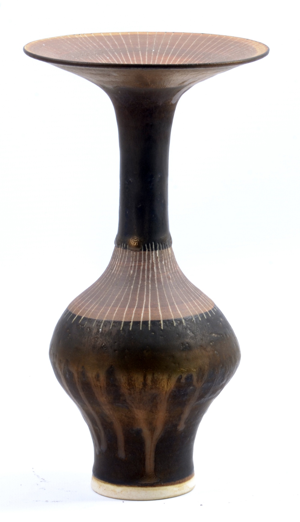 LUCIE RIE (1902-1995); a porcelain bottle of bulbous form with flared rim,