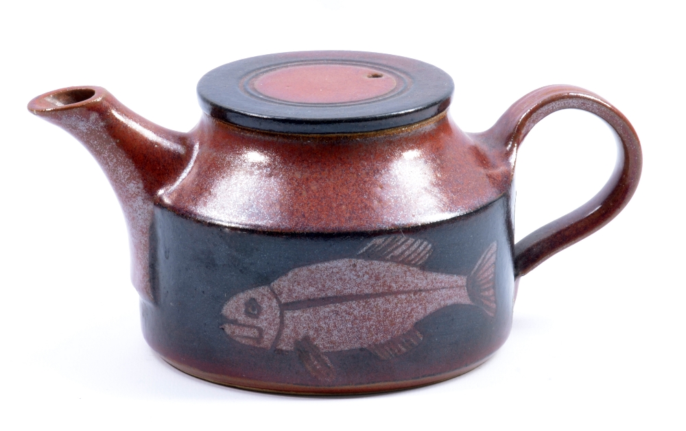 HARRY HORLOCK-STRINGER (1927-2014); a stoneware teapot decorated with fish,