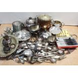 A small quantity of plated wares and plated flatware to include metal-edged glass coasters,