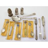 A pair of Elkington Plate P&O salt and peppers and Cunard Line fork and other steamship branded