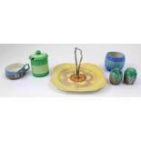 A collection of Shelley sgraffito and Shelley dripware pattern ceramics to include salt and peppers,