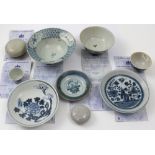 A mixed lot of Tek Sing cargo blue and white ceramics to include dishes, bowls, tea bowls etc,