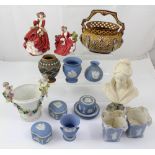 A quantity of ceramics including Parian ware bust of a lady with indistinct signature verso,