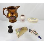 A small group of ceramics to include a 19th century copper lustre jug, height 17cm,