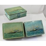 Three vintage Waller & Hartley Ltd Royal Yacht Britannia biscuit tins, each 7.5 x 18.5 x 24.5cm (3).