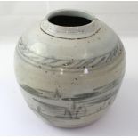 A late 19th century Chinese provincial paste/ginger jar, grey ground with grey scenic decoration,