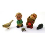 Five clockwork toys to include a monkey with a maraca, height 14.5cm and a frog (5).