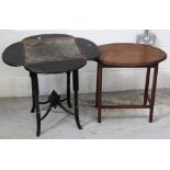 An ebonised drop-leaf occasional table with stretchered supports and an oval occasional table (2).