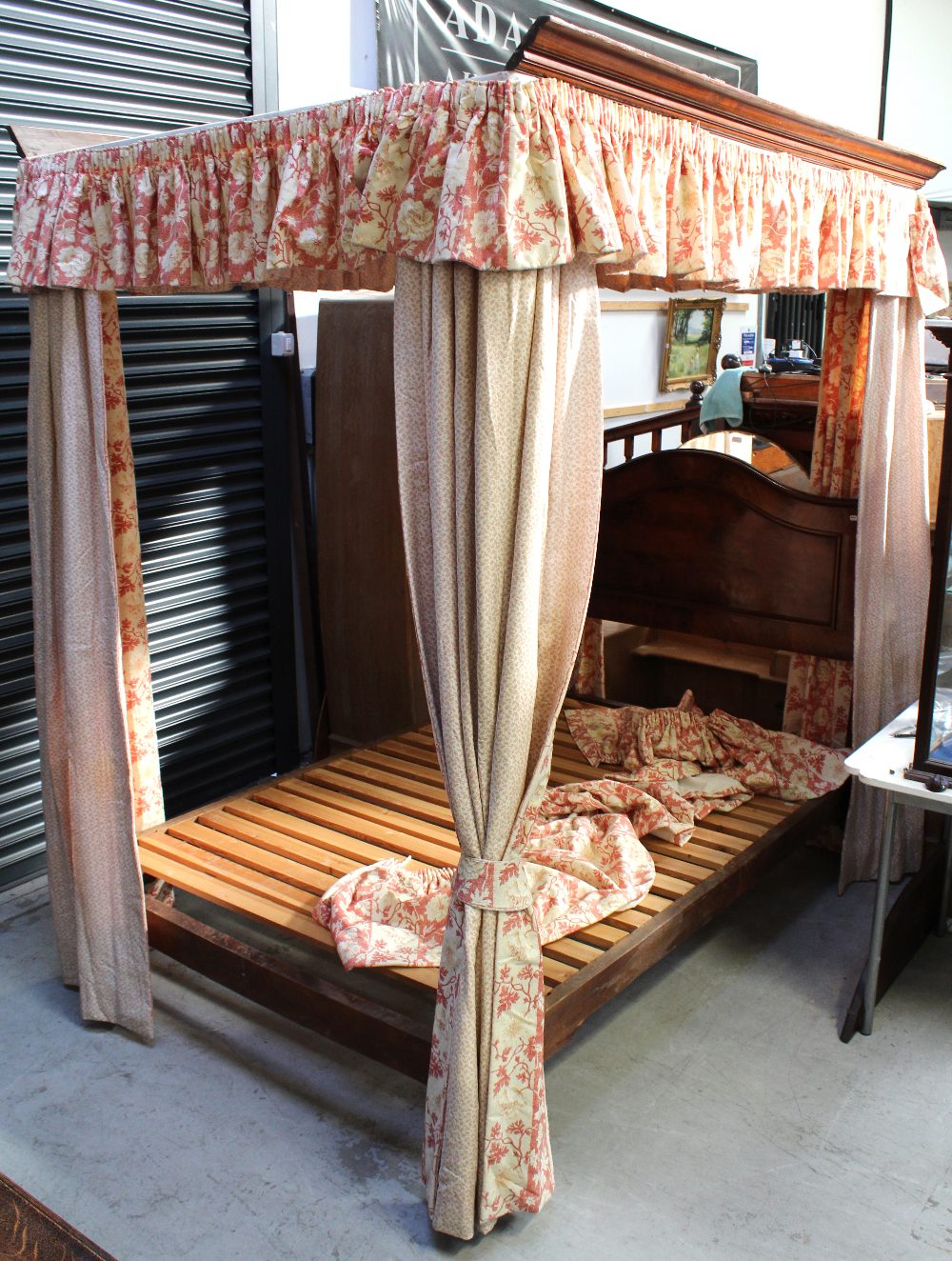 A walnut full tester bed with lined and interlined drapes, length 196cm, width 138cm.