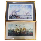 Two large maritime prints, one depicting Spanish man 'o war engaged in battle on the seas,