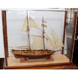 A large kit-built wooden model of a late 18th century two-mast American blockade runner,