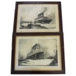 After Frank H Mason; a pair of monochrome lithographic prints, Cunard steam ships,