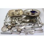 A quantity of silver plated items to include flatware, trays, sugar tongs etc.