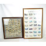 A set of fifty Wills Motorcars cigarette cards, framed and glazed, and a further set of cards,