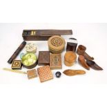 A collection of treen to include a cricket cage, a shoe shaped snuff box,