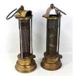 Two early brass Stephenson type safety lamps with exposed gauze, height 26.5cm and 26cm (2).