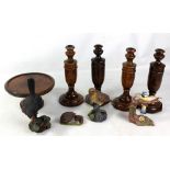 Two pairs of early 20th century wooden candlesticks, a tazza and three models of birds (8).