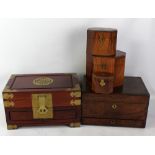 A Victorian rosewood travelling case, a modern Chinese jewellery box and a further box (3).