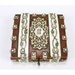 A late 19th century Anglo-Indian sandalwood and ivory banded pen work decorated games counter box,