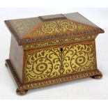 An early to mid-19th century rosewood and brass inlaid two section tea caddy overall decorated with