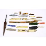 A collection of various stainless steel bladed pen knives to include ivory bodied examples,