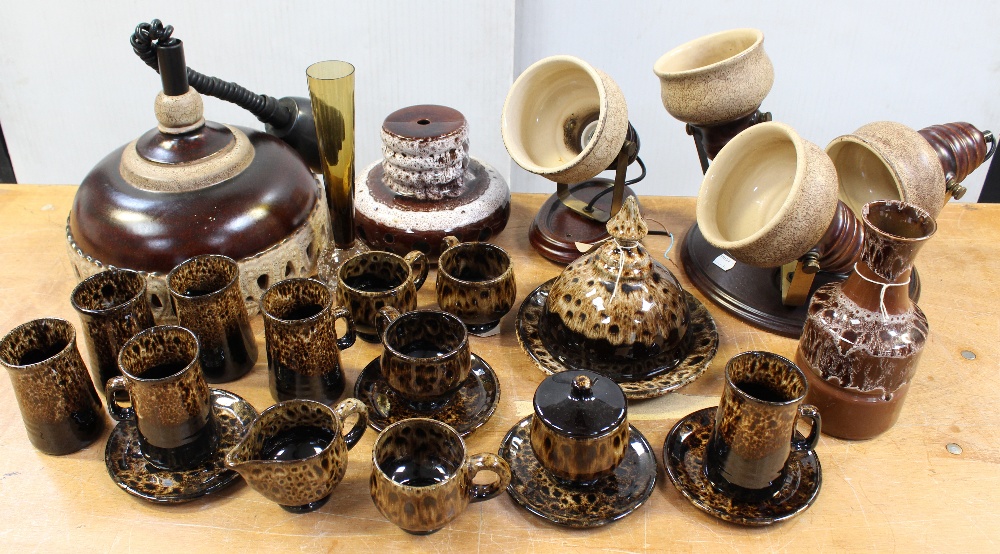 A Kingston Pottery brown drip glaze bottle vase and various similar coffee cups and saucers,