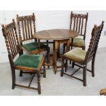 A small oak drop-leaf table and a set of four Carolean style stick-back oak dining chairs (5).