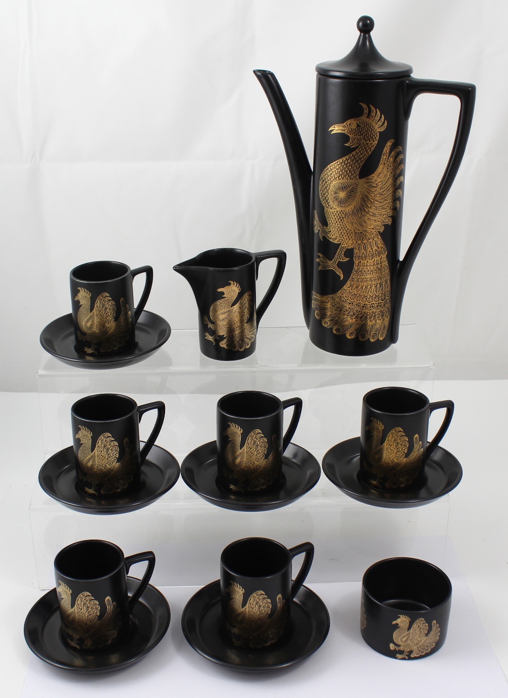 A Portmeirion Phoenix by John Cuffley coffee service comprising tall coffee pot, milk, sugar bowl,