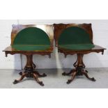 A pair of 19th century Aesthetics walnut fold over card tables with quarter matched veneers and