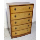 A mid 20th century mahogany bow front five drawer chest of drawers on plinth base, 112 x 75cm.