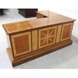 A designer marquetry burr walnut and American black walnut desk with separate two drawer pedestal