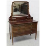 An Edwardian mahogany line inlaid dressing chest with swing mirror and jewellery boxes surmounting