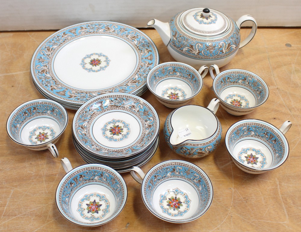 A Wedgwood turquoise Florentine pattern part tea and dinner service comprising teapot, milk jug,