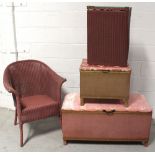 Four assorted pieces of Lloyd Loom style furniture comprising chair, ottoman, and two stools (4).