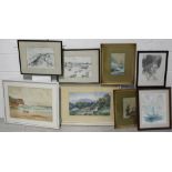 Eight paintings and prints to include 'Porthlevin', 'Cemaes Bay Anglesey', watercolour landscapes,