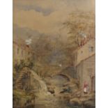 M F THOMAS (19th century); watercolour, village scene with mountains in the background, bridge,