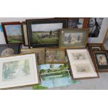 A quantity of paintings and prints to include a framed oil painting of a gentleman.