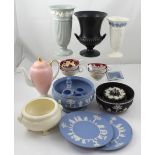 A collection of Wedgwood to include black basalt Jasperware powder pot and punch bowl,