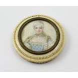 J MORY (?); a 19th century ivory portrait miniature of a white haired woman in a polka dot dress,