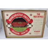 A 1970s Manchester United team poster signed by the team, signatures to include Macary, Forsyth,