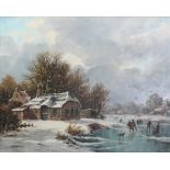 J BORGHOUT (20th century); oil on canvas, winter skating scene on a North European river,