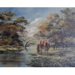 ALAN MORGAN (b1952-); oil on canvas, ponies grazing in a water meadow by a stone bridge,