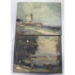 V DE VILLE; two oil on canvas, one Mediterranean buildings across a bay,