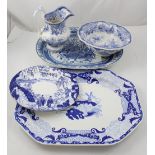 A small quantity of English blue and white ceramics to include a large octagonal meat plate with