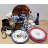 A mixed lot of metalware, ceramics and glass to include lead crystal decanters, pressed glass bowl,